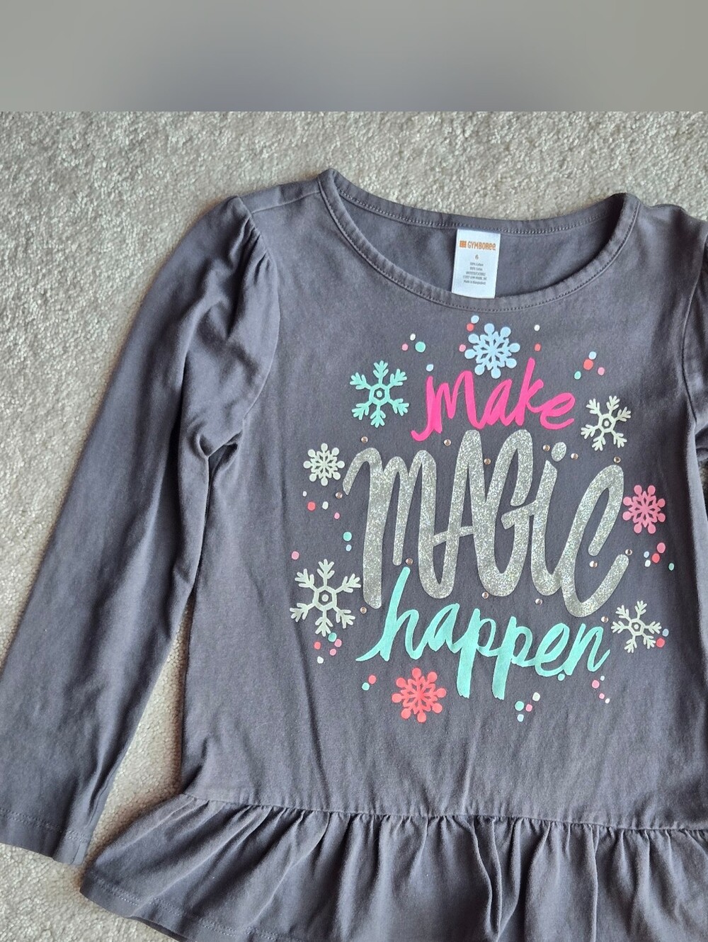 Gymboree Gray Long-Sleeve Peplum Top with Pink and Aqua Glitter Graphic